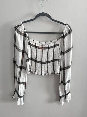 GUESS Plaid Smocked Long Sleeve Crop Top